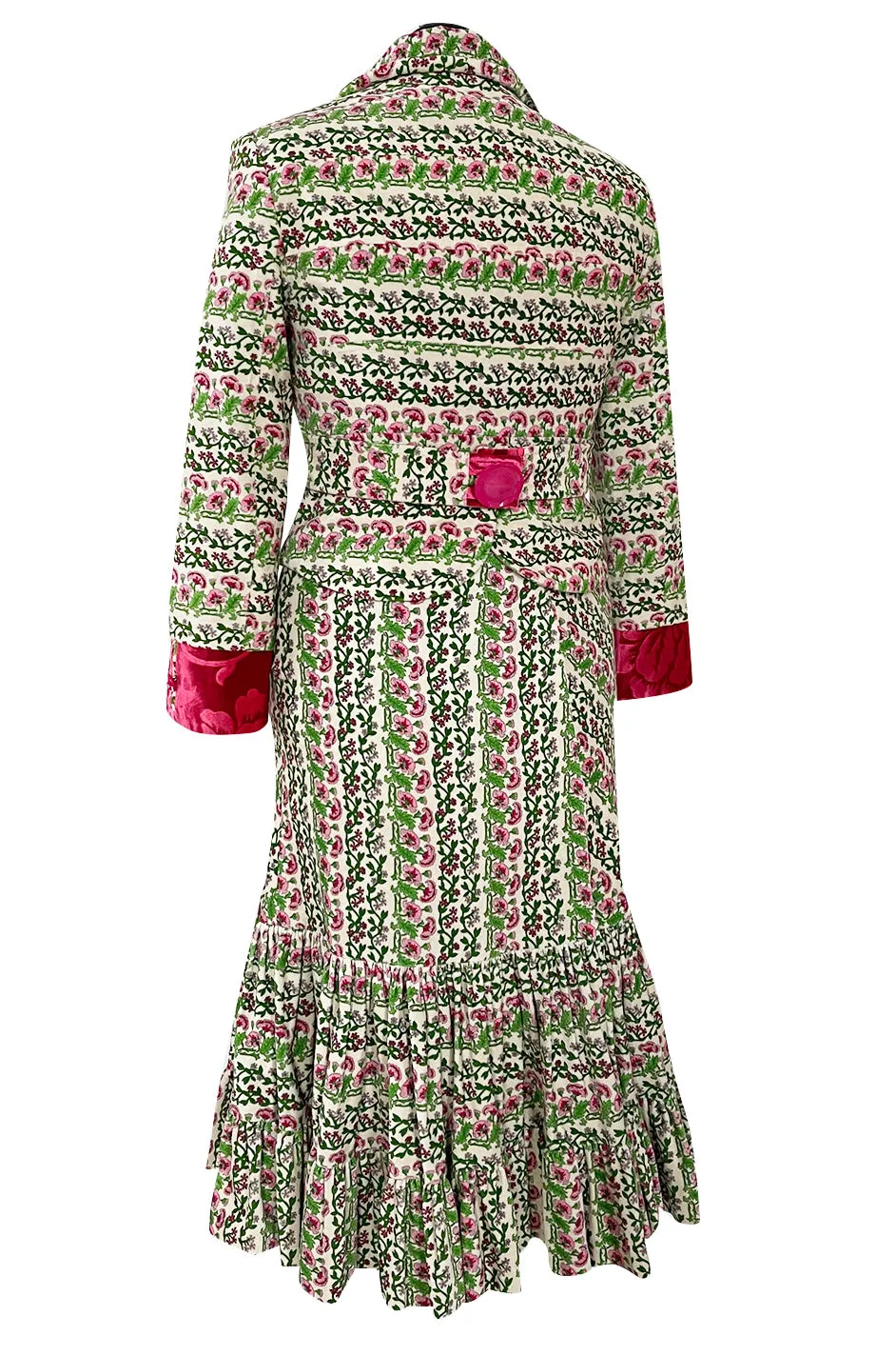 Fall 2005 Kenzo Defile Printed Pink & Green Floral Velvet Suit w Contrasting Lining