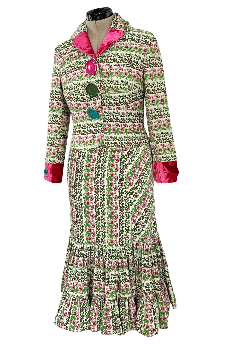 Fall 2005 Kenzo Defile Printed Pink & Green Floral Velvet Suit w Contrasting Lining