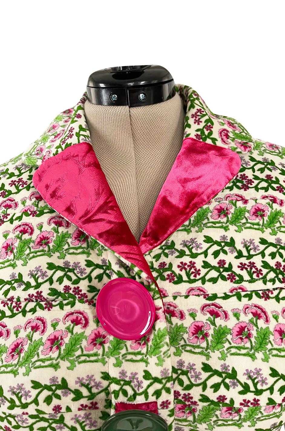 Fall 2005 Kenzo Defile Printed Pink & Green Floral Velvet Suit w Contrasting Lining