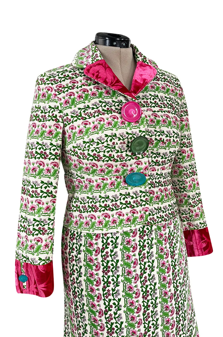 Fall 2005 Kenzo Defile Printed Pink & Green Floral Velvet Suit w Contrasting Lining