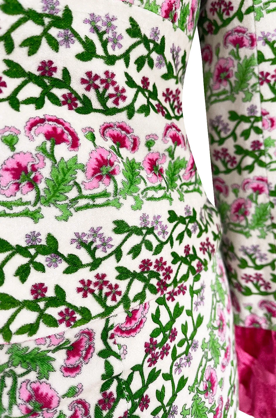 Fall 2005 Kenzo Defile Printed Pink & Green Floral Velvet Suit w Contrasting Lining