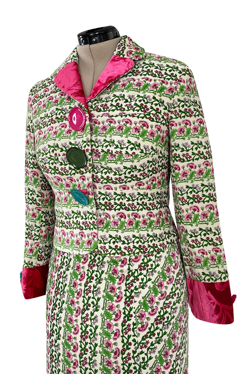 Fall 2005 Kenzo Defile Printed Pink & Green Floral Velvet Suit w Contrasting Lining