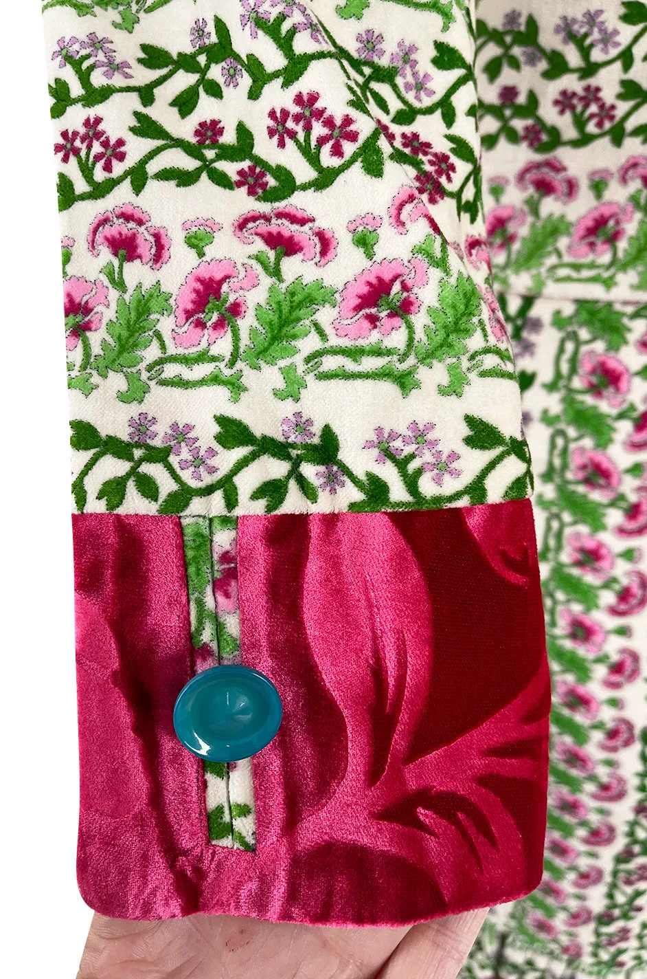 Fall 2005 Kenzo Defile Printed Pink & Green Floral Velvet Suit w Contrasting Lining