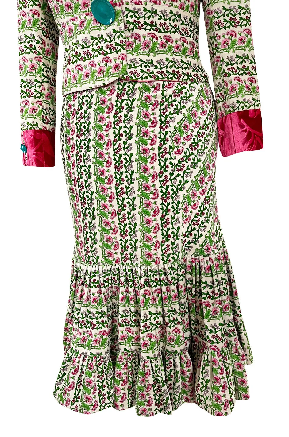 Fall 2005 Kenzo Defile Printed Pink & Green Floral Velvet Suit w Contrasting Lining