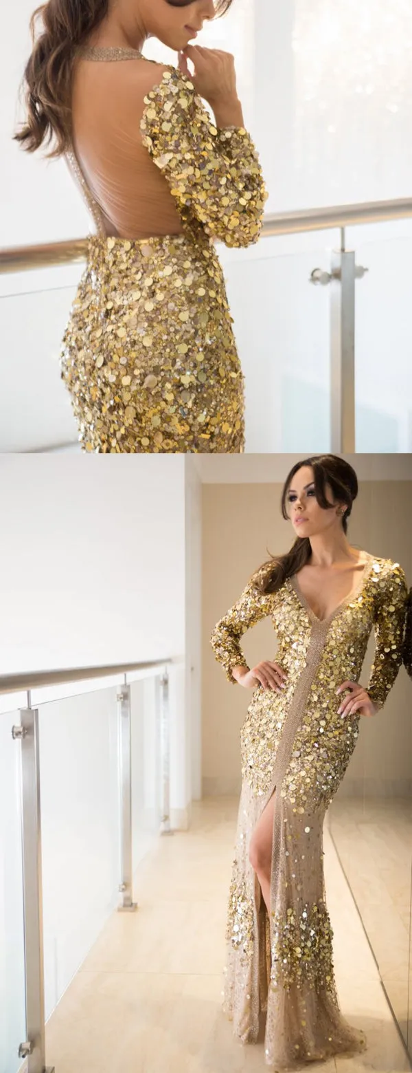 Fashion Gold Sequin Long Sleeve See Through Back Long Prom Dresses ,PD00299