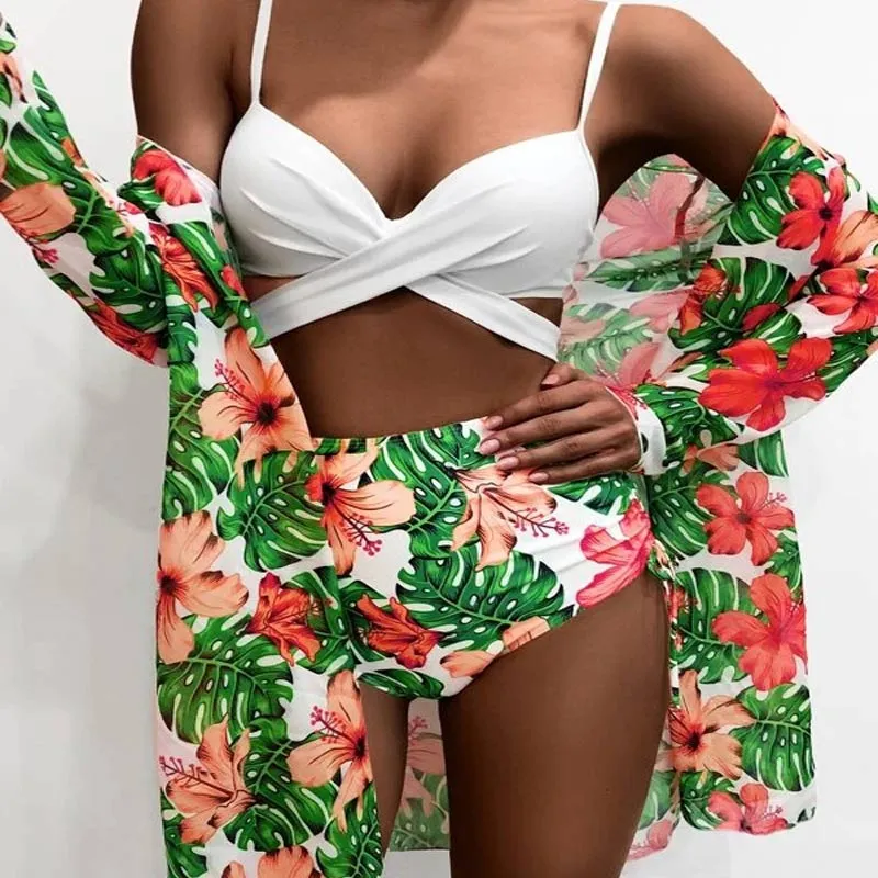 Floral Pattern Long Sleeve Three Piece Swimsuit Set