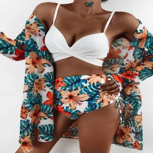 Floral Pattern Long Sleeve Three Piece Swimsuit Set