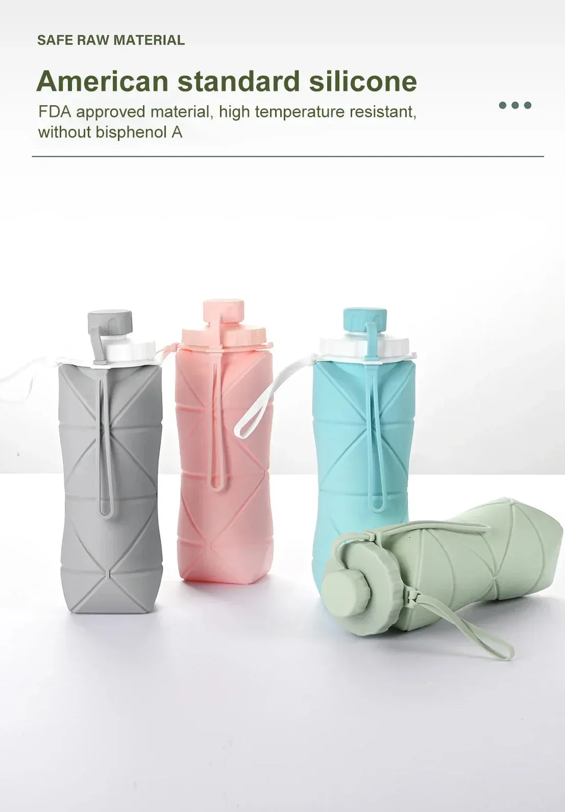 Foldable Silicone Water Bottle Leakproof, Portable, Ideal for Travel, Sports