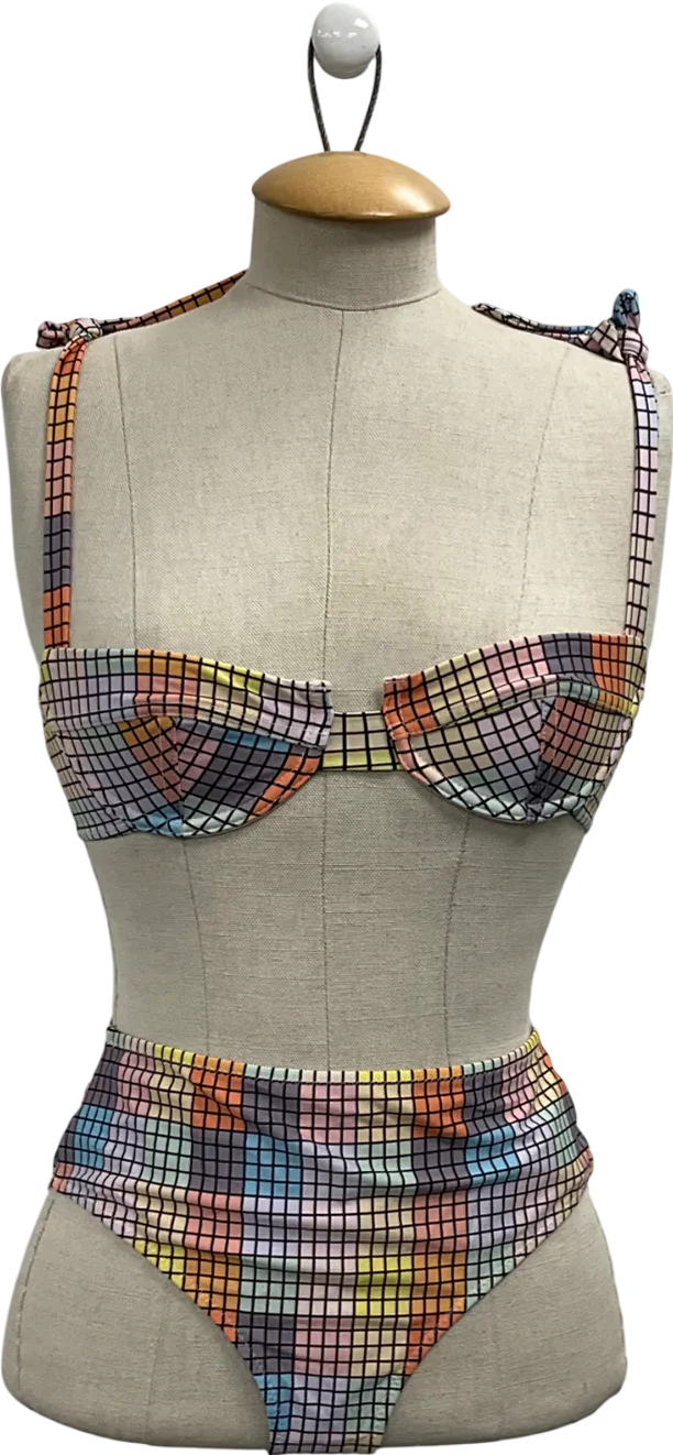 Ganni Multicoloured Tie-shoulder Checked Underwired Bikini Top & High-rise Checked Bikini Briefs UK 6