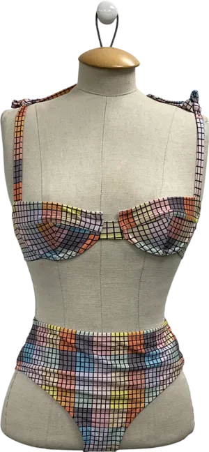 Ganni Multicoloured Tie-shoulder Checked Underwired Bikini Top & High-rise Checked Bikini Briefs UK 6