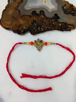Gold Plated Rakhi With Flower Multicolor Gemstone Beads Red Thread Rakhi For Men
