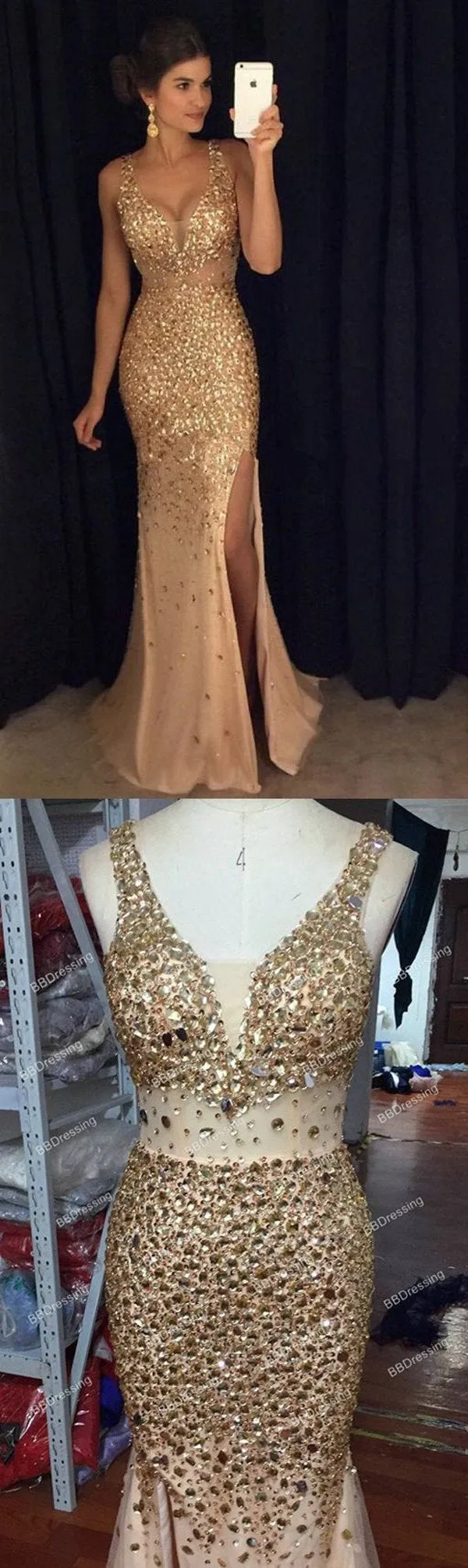 Gold Rhinestone Mermaid See Through Prom Dresses With Beading, MP380