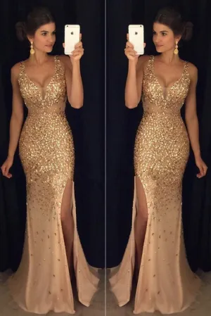 Gold Rhinestone Mermaid See Through Prom Dresses With Beading, MP380