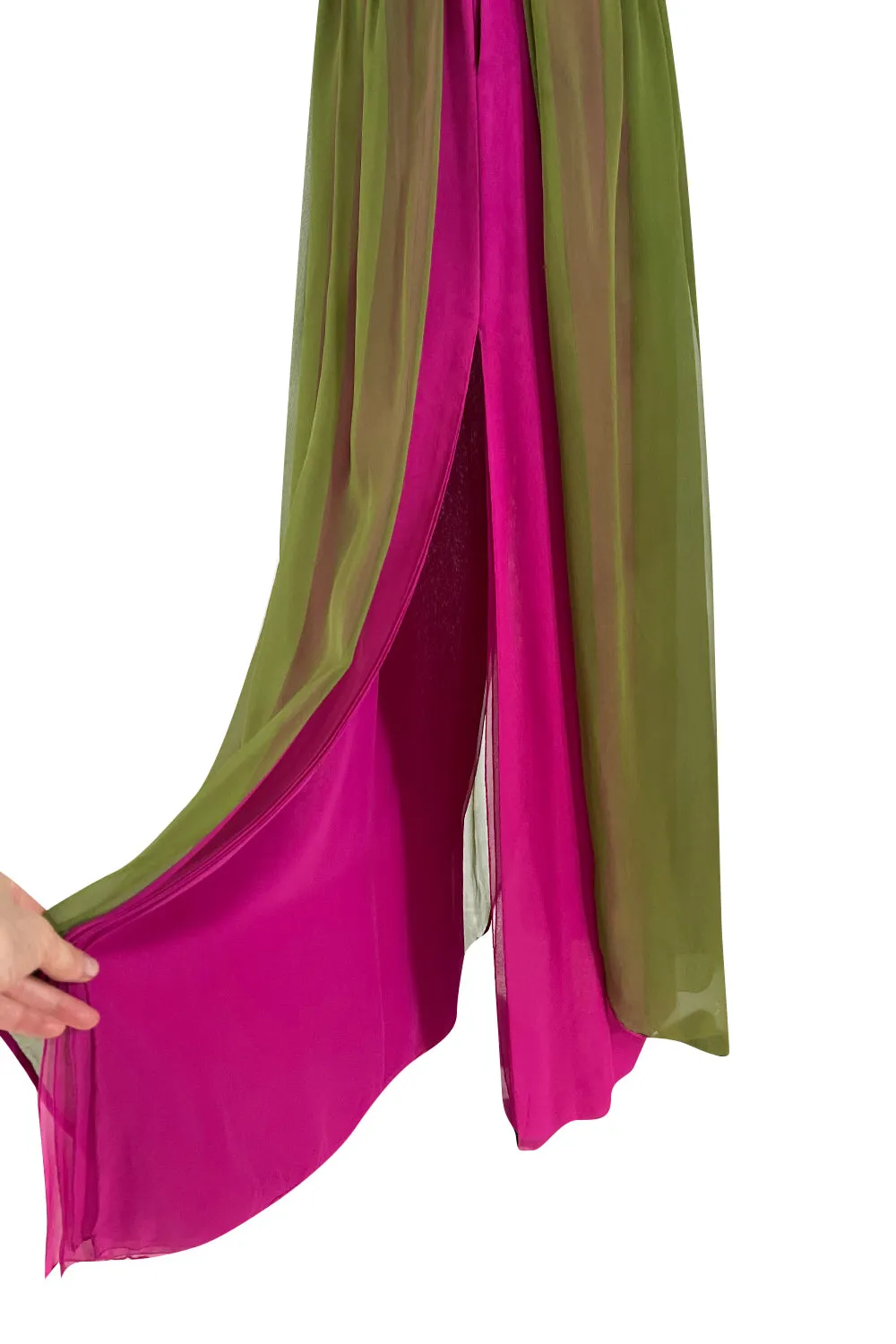 Gorgeous 1970s Galanos Couture Bright Pink & Moss Green Silk Chiffon Dress