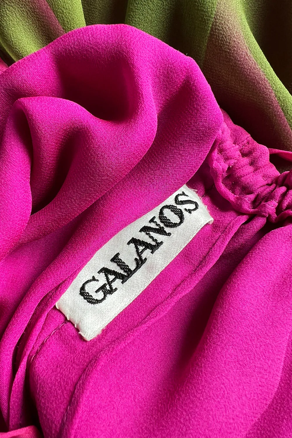 Gorgeous 1970s Galanos Couture Bright Pink & Moss Green Silk Chiffon Dress