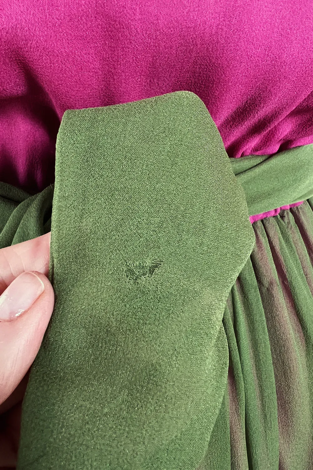Gorgeous 1970s Galanos Couture Bright Pink & Moss Green Silk Chiffon Dress