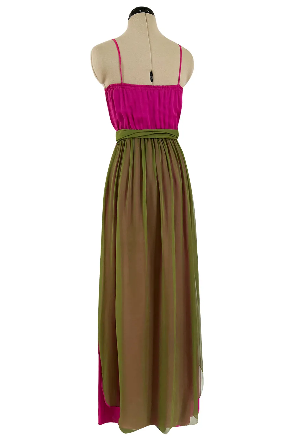 Gorgeous 1970s Galanos Couture Bright Pink & Moss Green Silk Chiffon Dress