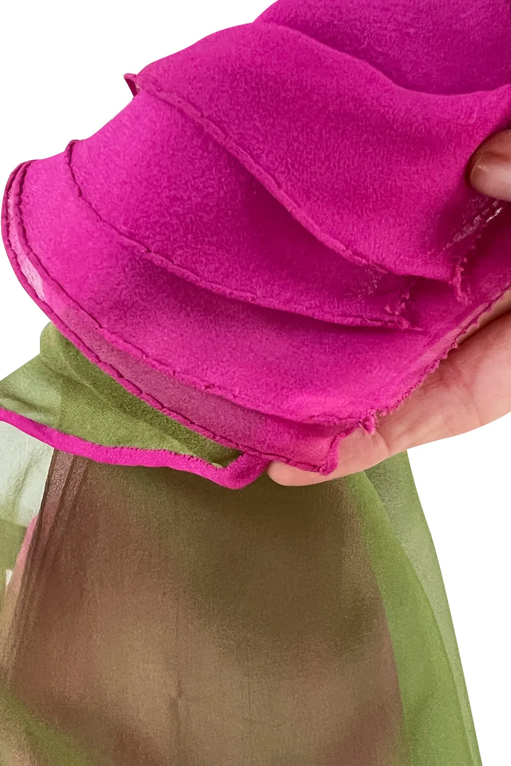 Gorgeous 1970s Galanos Couture Bright Pink & Moss Green Silk Chiffon Dress