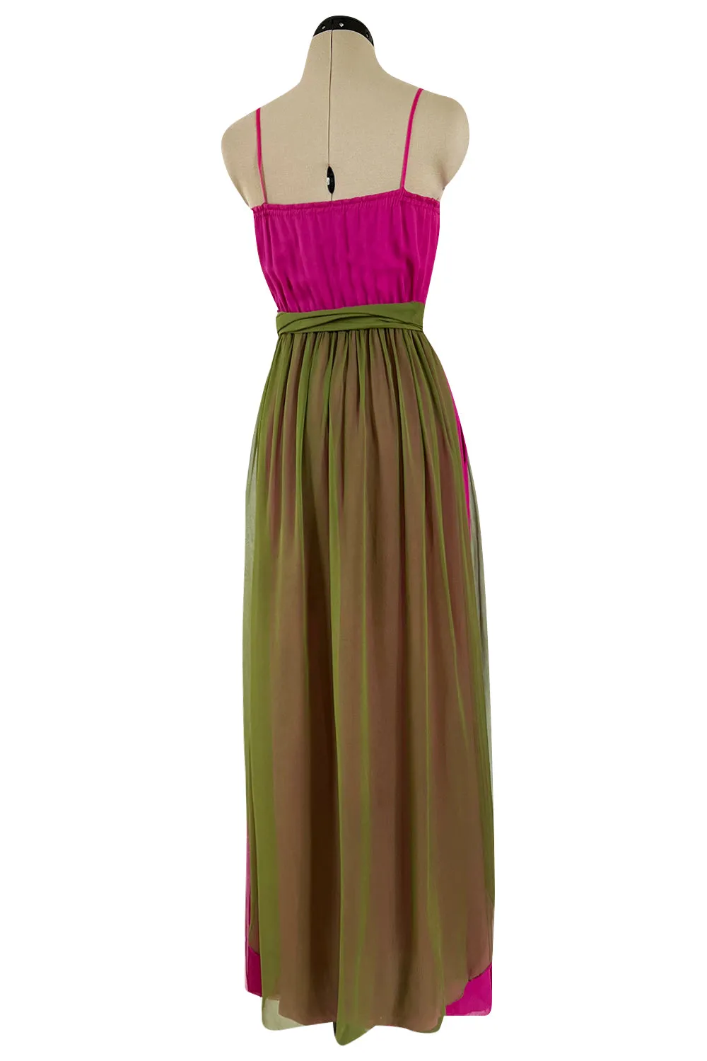 Gorgeous 1970s Galanos Couture Bright Pink & Moss Green Silk Chiffon Dress