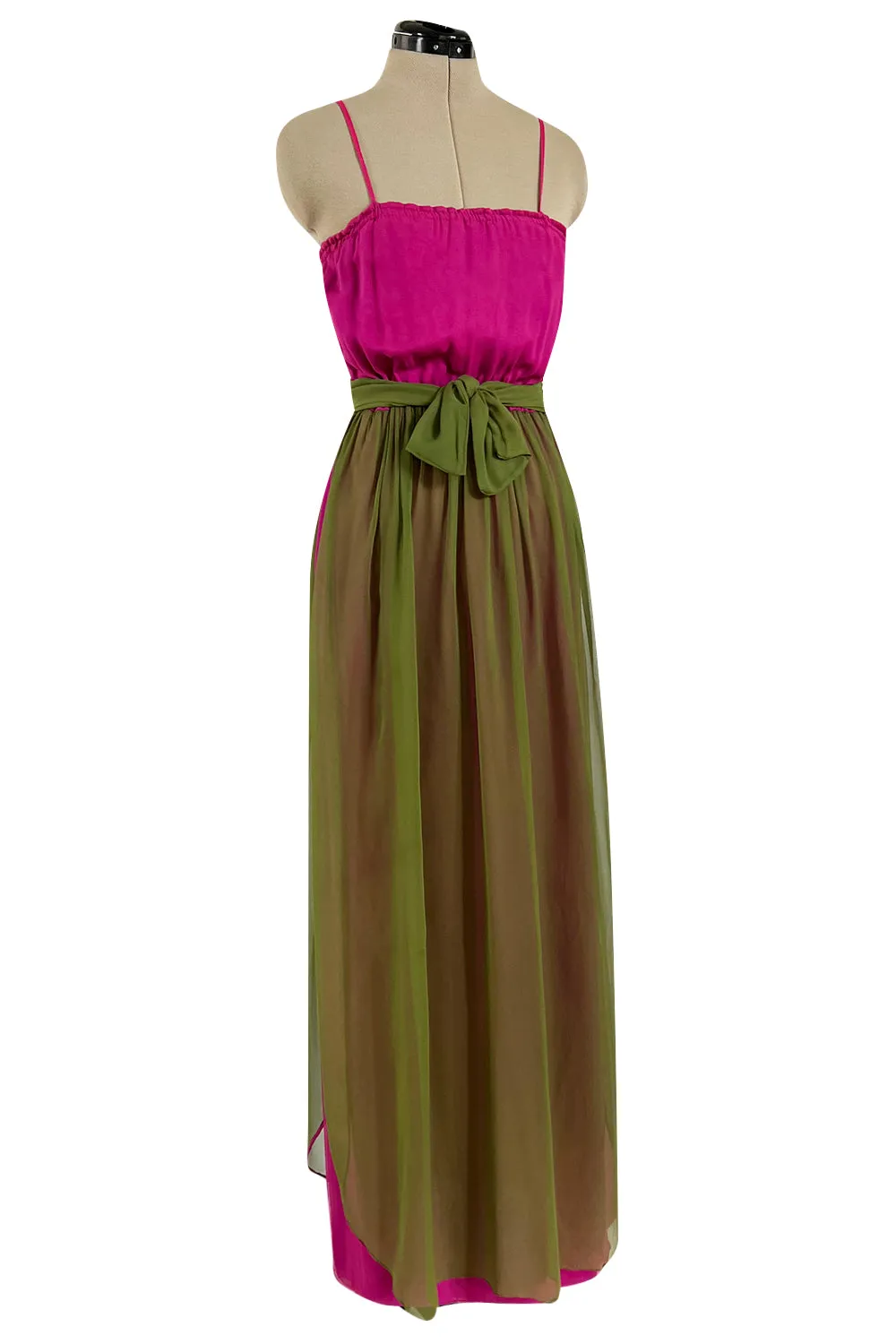 Gorgeous 1970s Galanos Couture Bright Pink & Moss Green Silk Chiffon Dress