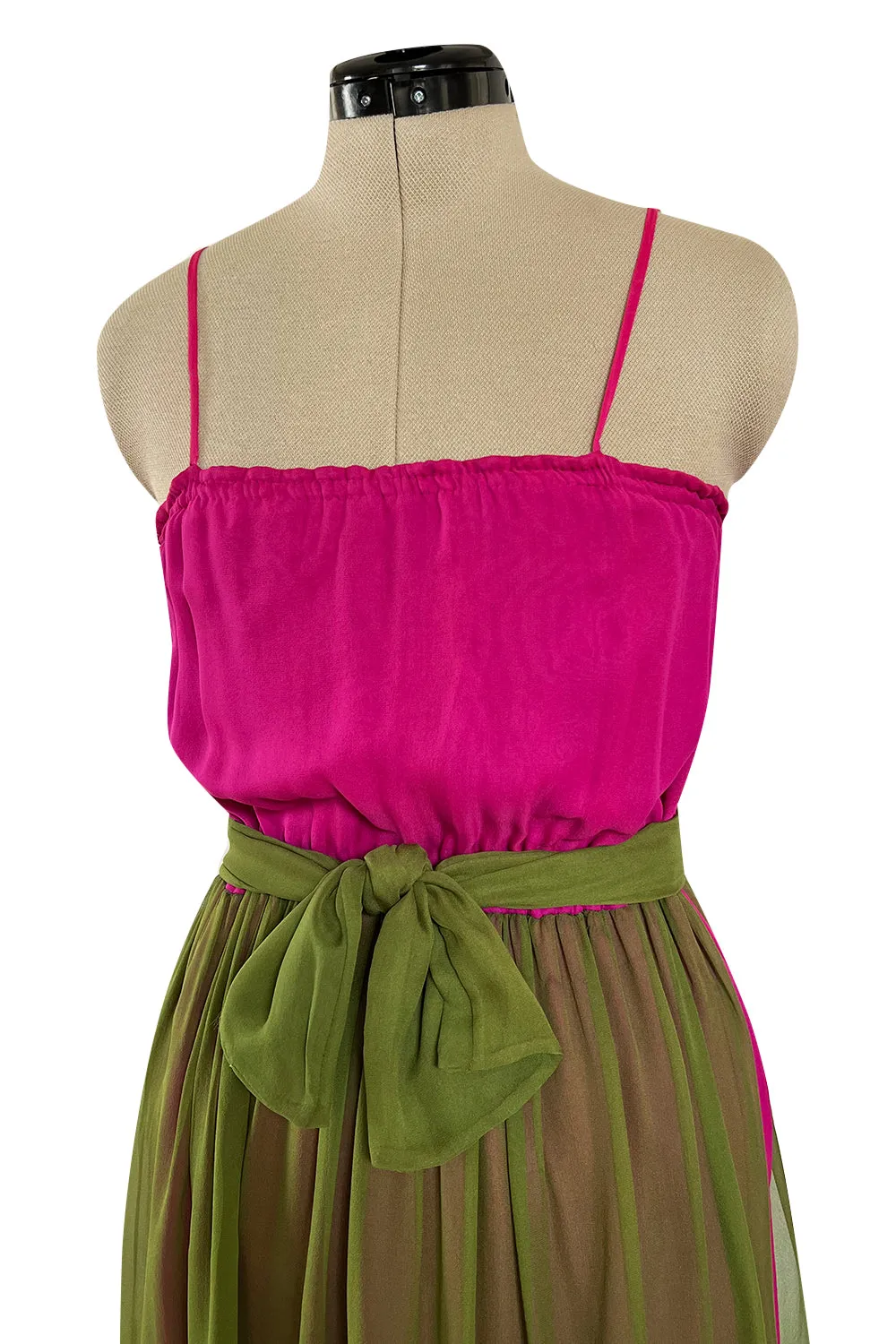 Gorgeous 1970s Galanos Couture Bright Pink & Moss Green Silk Chiffon Dress