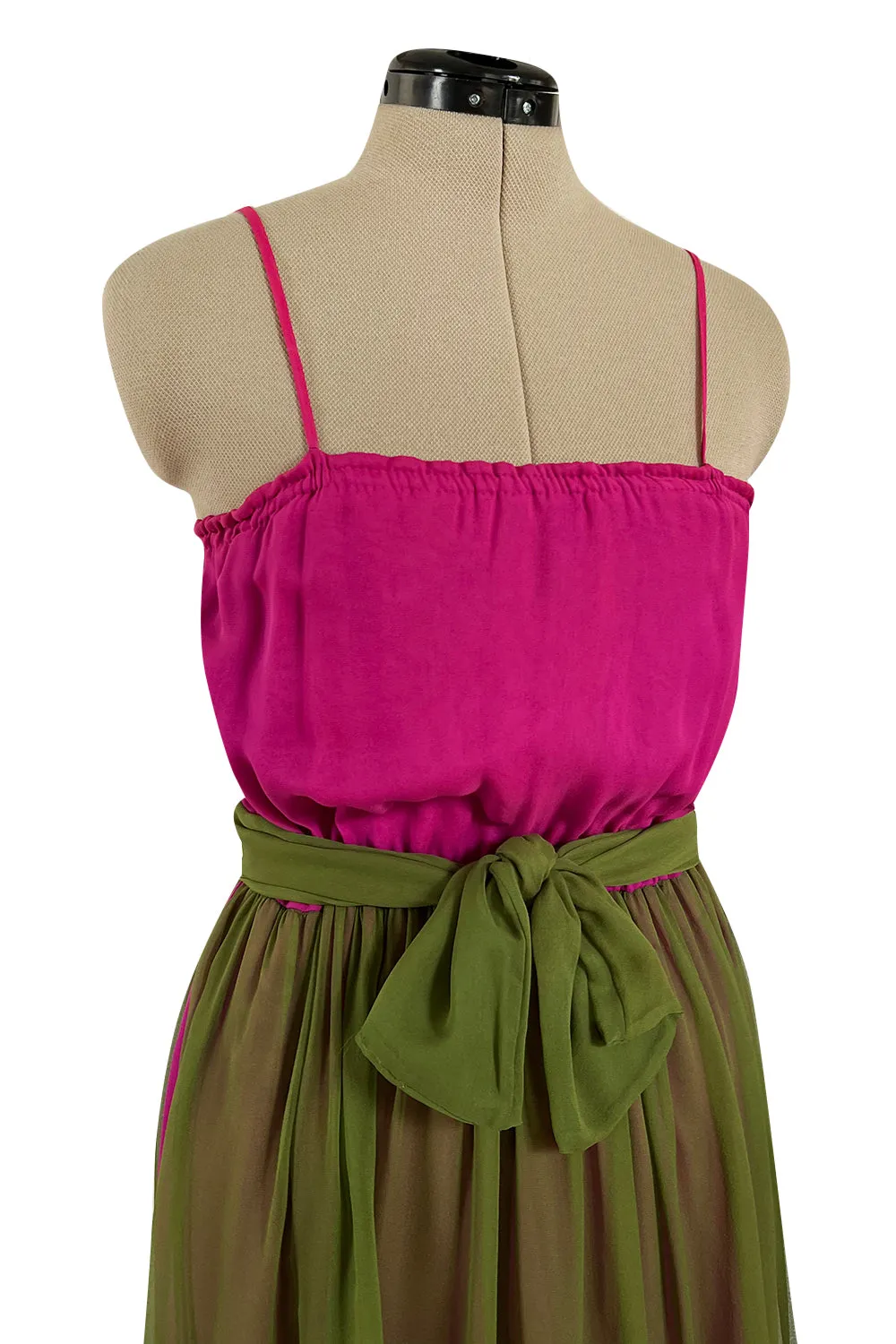 Gorgeous 1970s Galanos Couture Bright Pink & Moss Green Silk Chiffon Dress