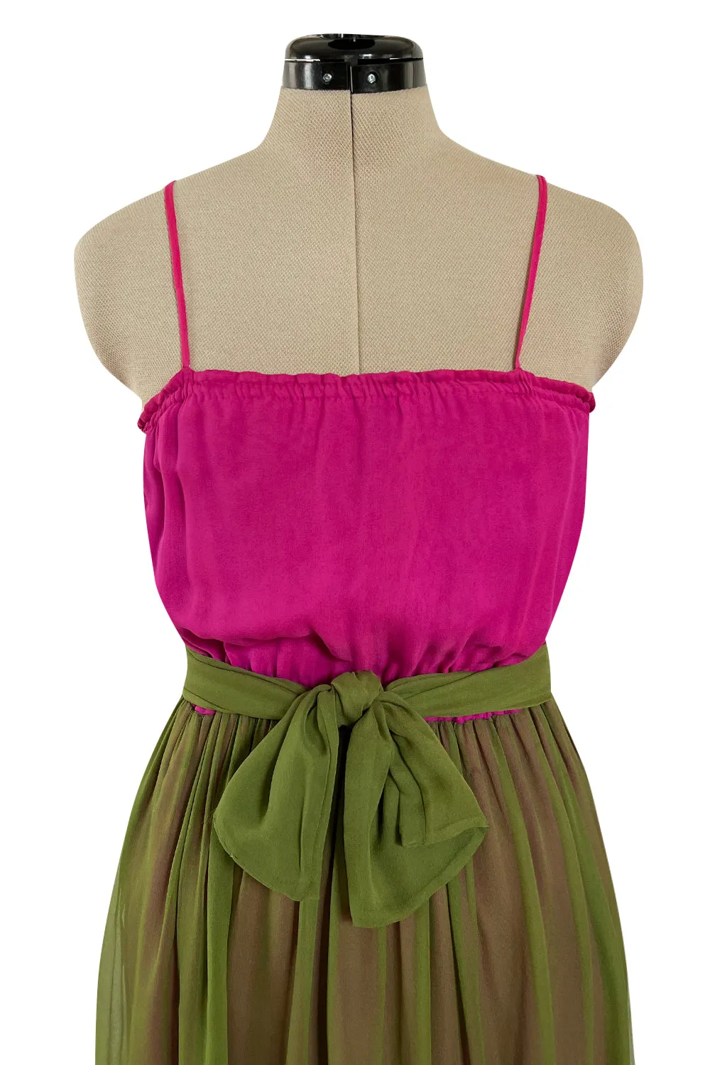 Gorgeous 1970s Galanos Couture Bright Pink & Moss Green Silk Chiffon Dress
