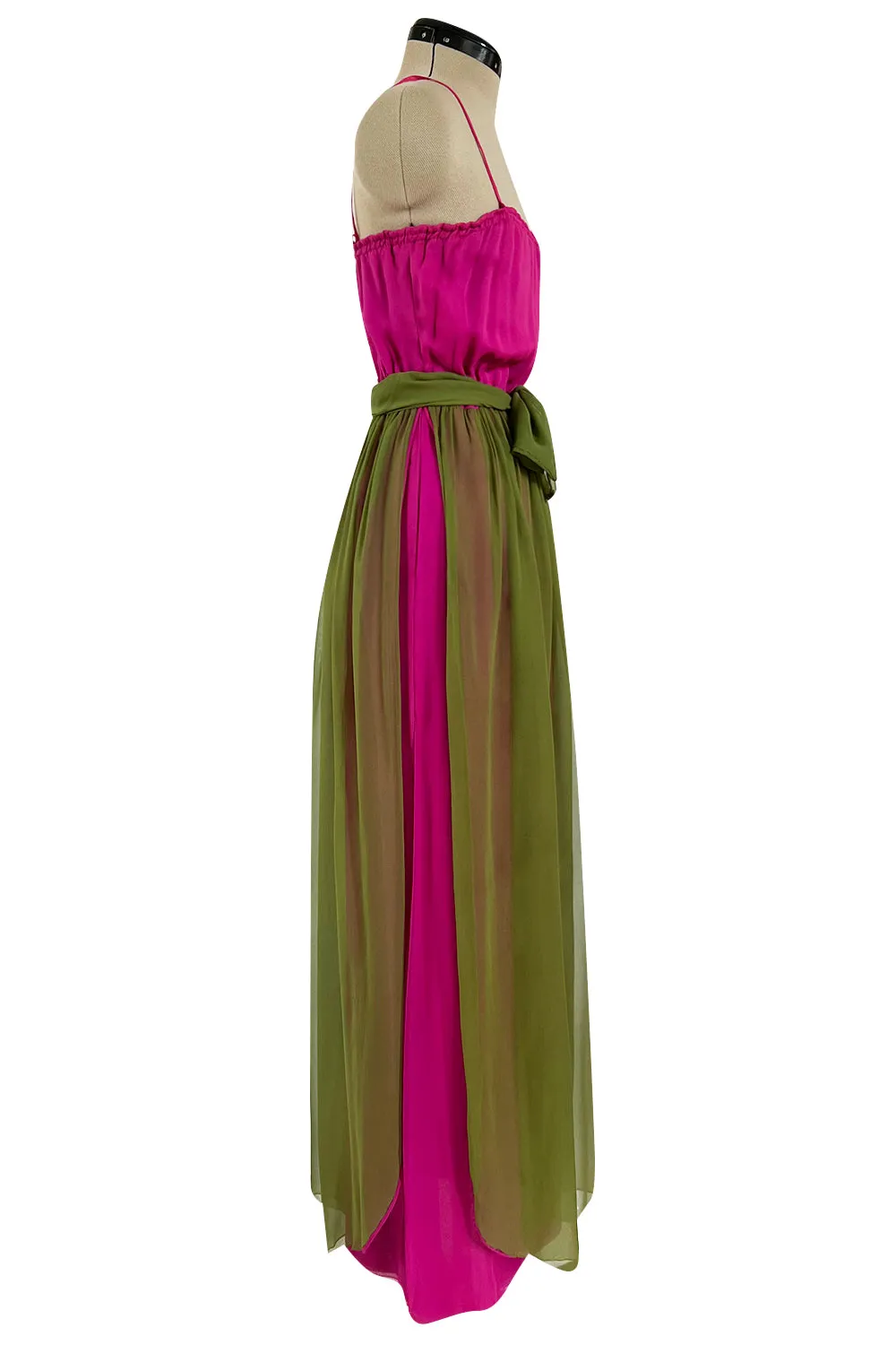 Gorgeous 1970s Galanos Couture Bright Pink & Moss Green Silk Chiffon Dress