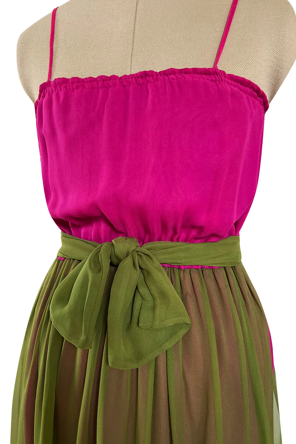 Gorgeous 1970s Galanos Couture Bright Pink & Moss Green Silk Chiffon Dress