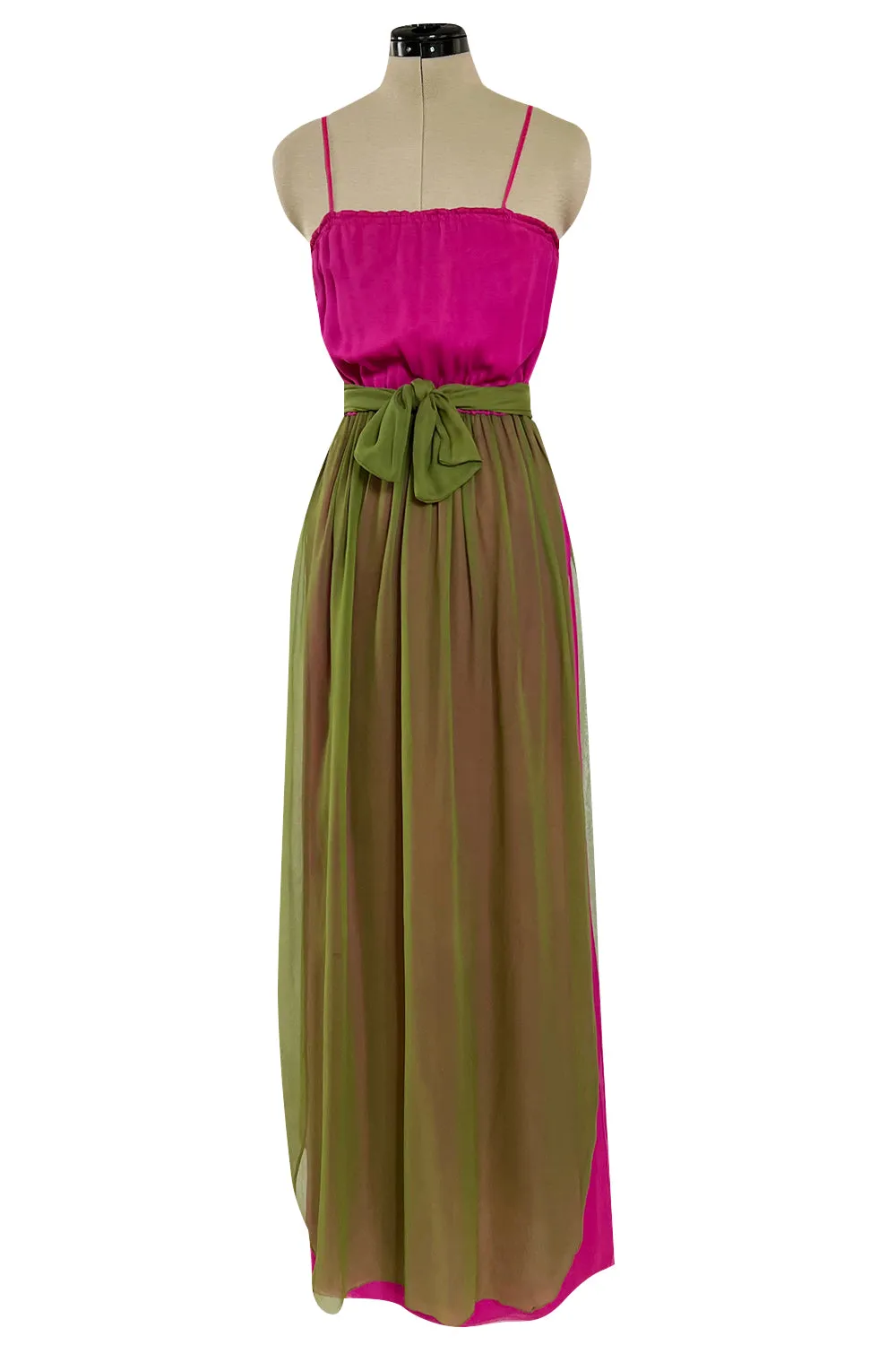 Gorgeous 1970s Galanos Couture Bright Pink & Moss Green Silk Chiffon Dress