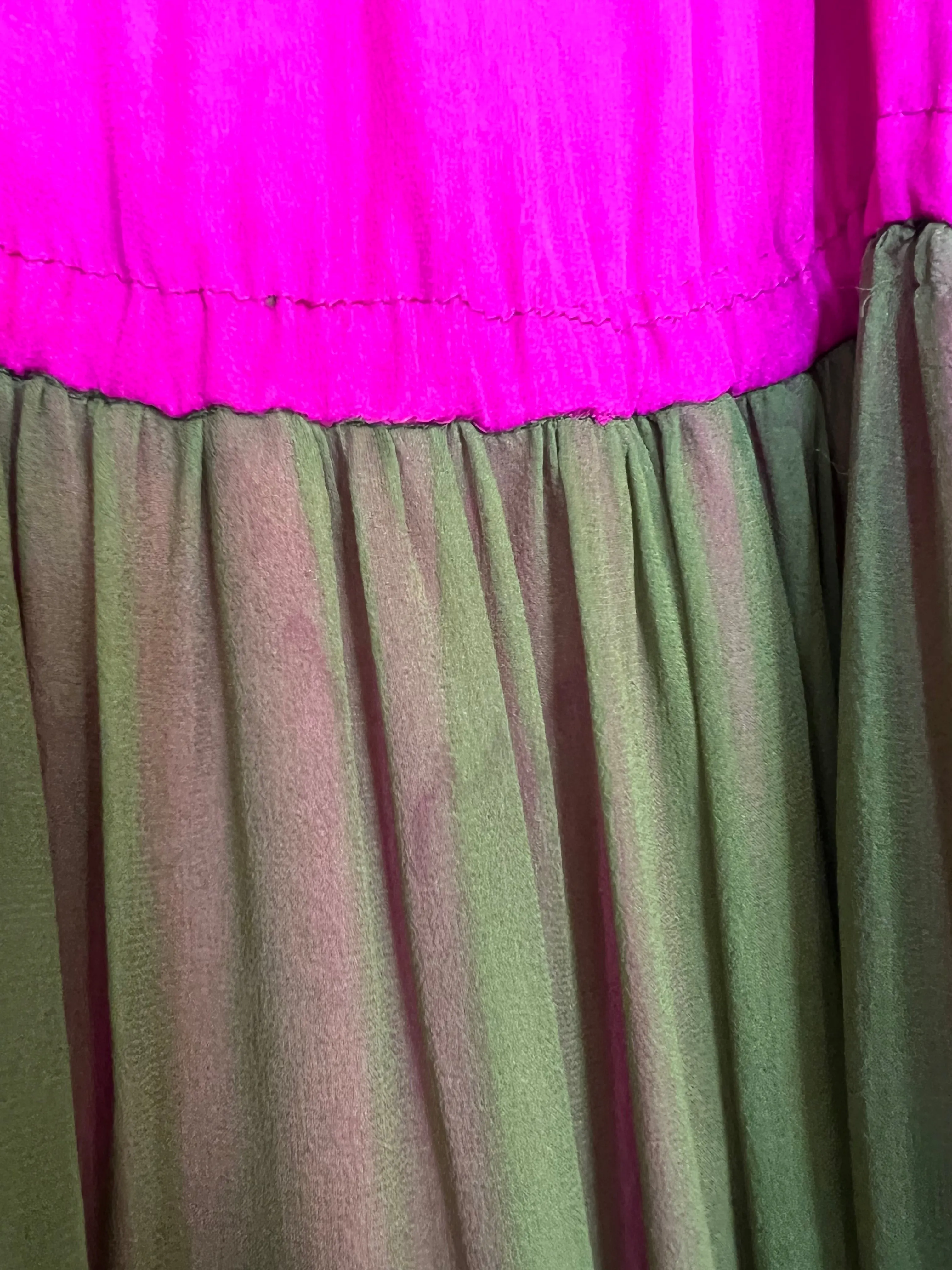 Gorgeous 1970s Galanos Couture Bright Pink & Moss Green Silk Chiffon Dress
