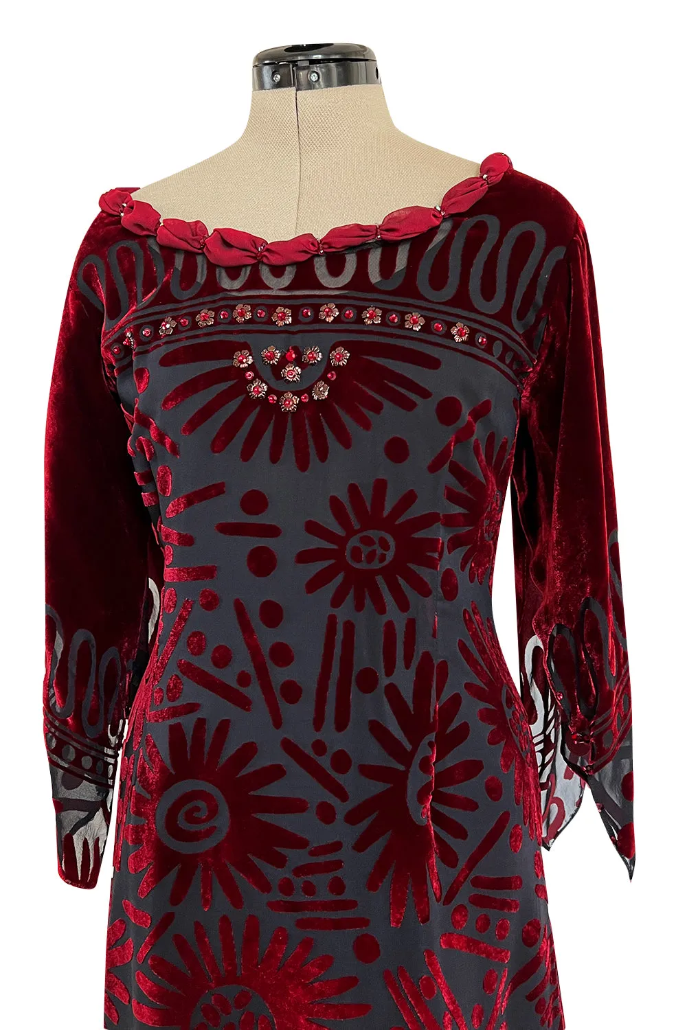 Gorgeous 1980s Zandra Rhodes Deep Red Cut Velvet Caftan Dress w Beaded Detailing