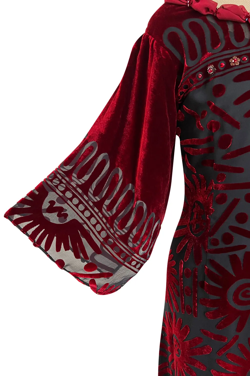 Gorgeous 1980s Zandra Rhodes Deep Red Cut Velvet Caftan Dress w Beaded Detailing