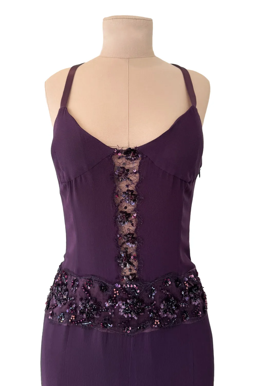 Gorgeous 2000s Valentino Roma Mauve Purple Silk Chiffon Dress w Sequin & Lace Detailing