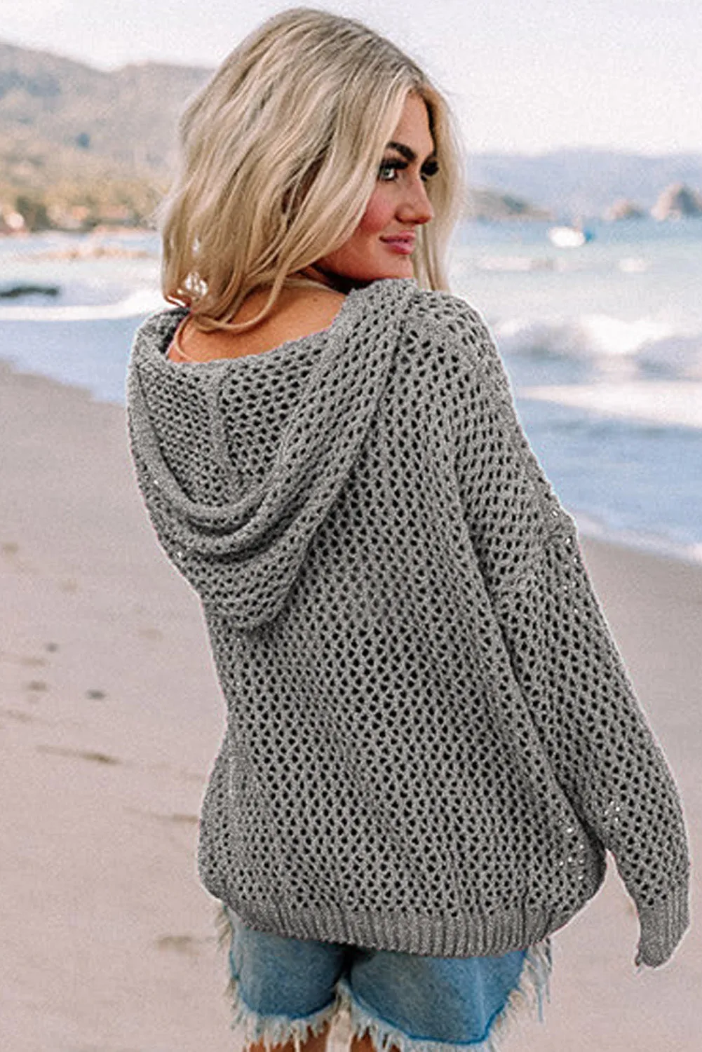 Gray See-through Hollowed Knit Lace-up Neck Hoodie