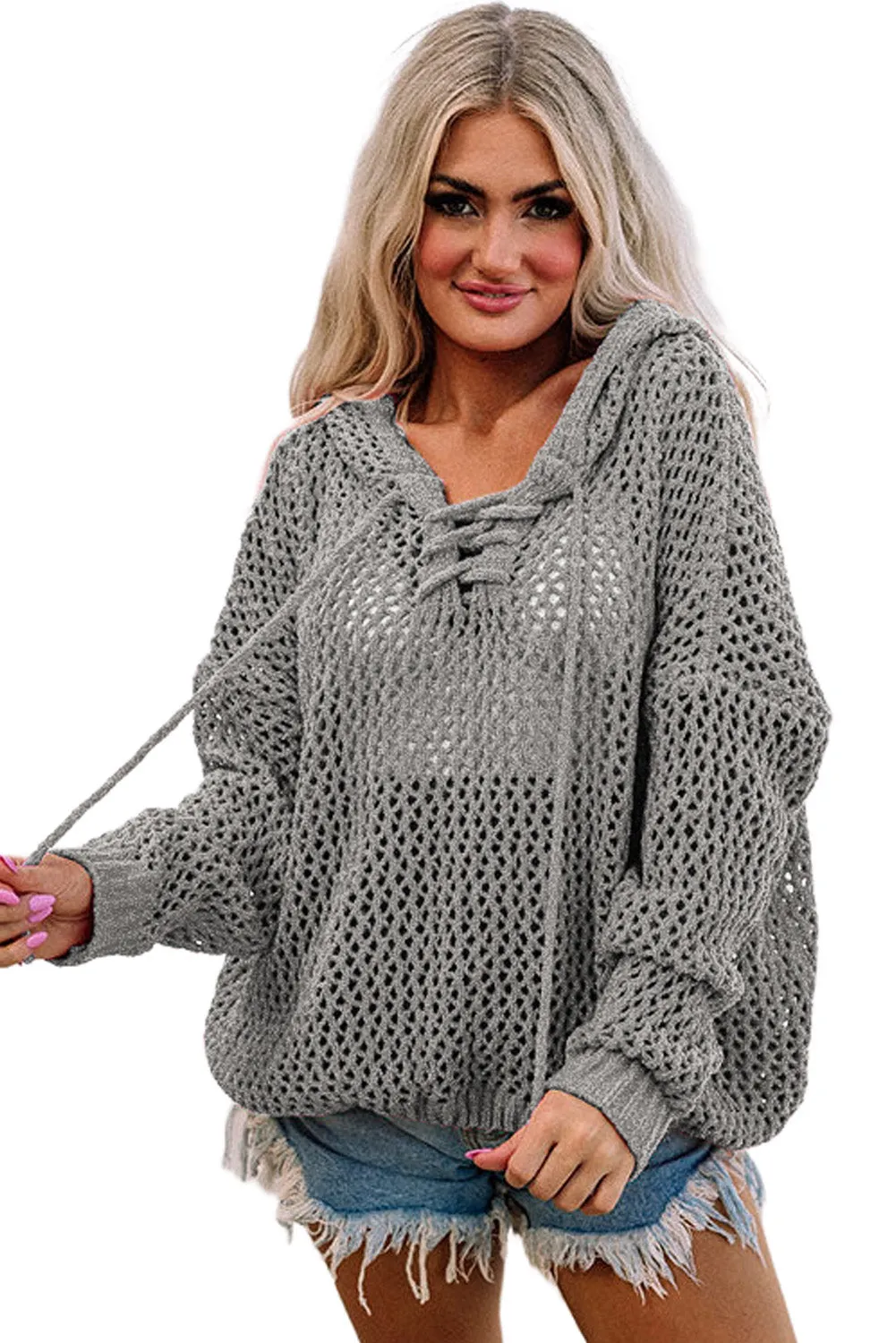 Gray See-through Hollowed Knit Lace-up Neck Hoodie