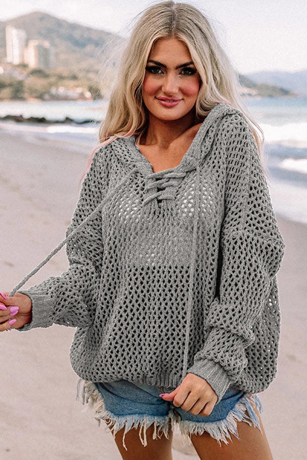 Gray See-through Hollowed Knit Lace-up Neck Hoodie