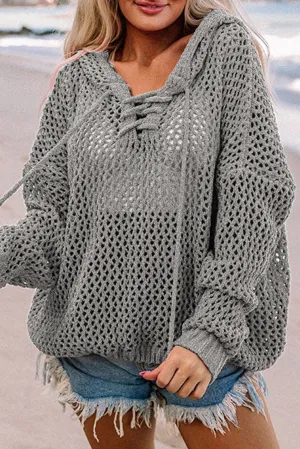Gray See-through Hollowed Knit Lace-up Neck Hoodie