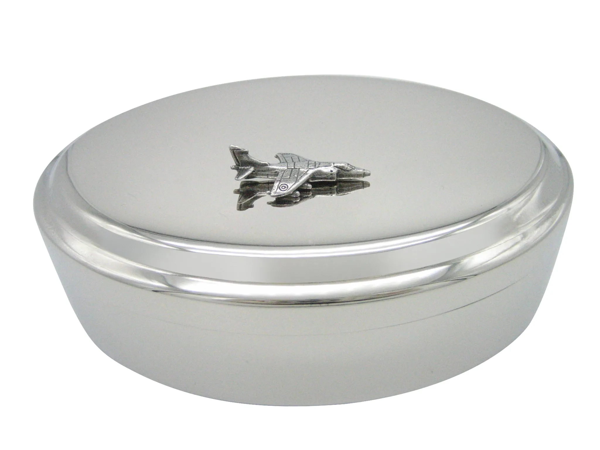 Gray Toned Textured Harrier Jet Plane Pendant Oval Trinket Jewelry Box