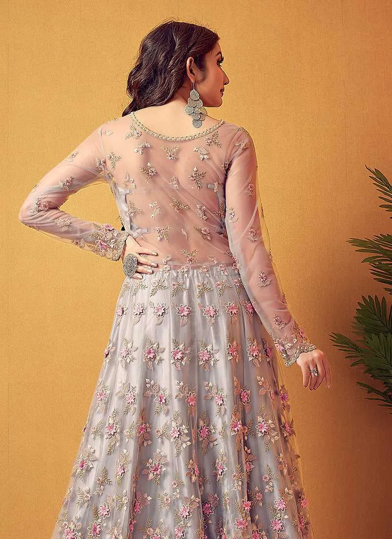 Grey Floral Embroidered Designer Lehenga Style Anarkali