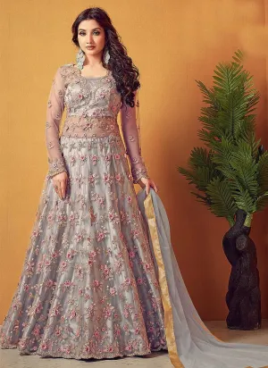 Grey Floral Embroidered Designer Lehenga Style Anarkali