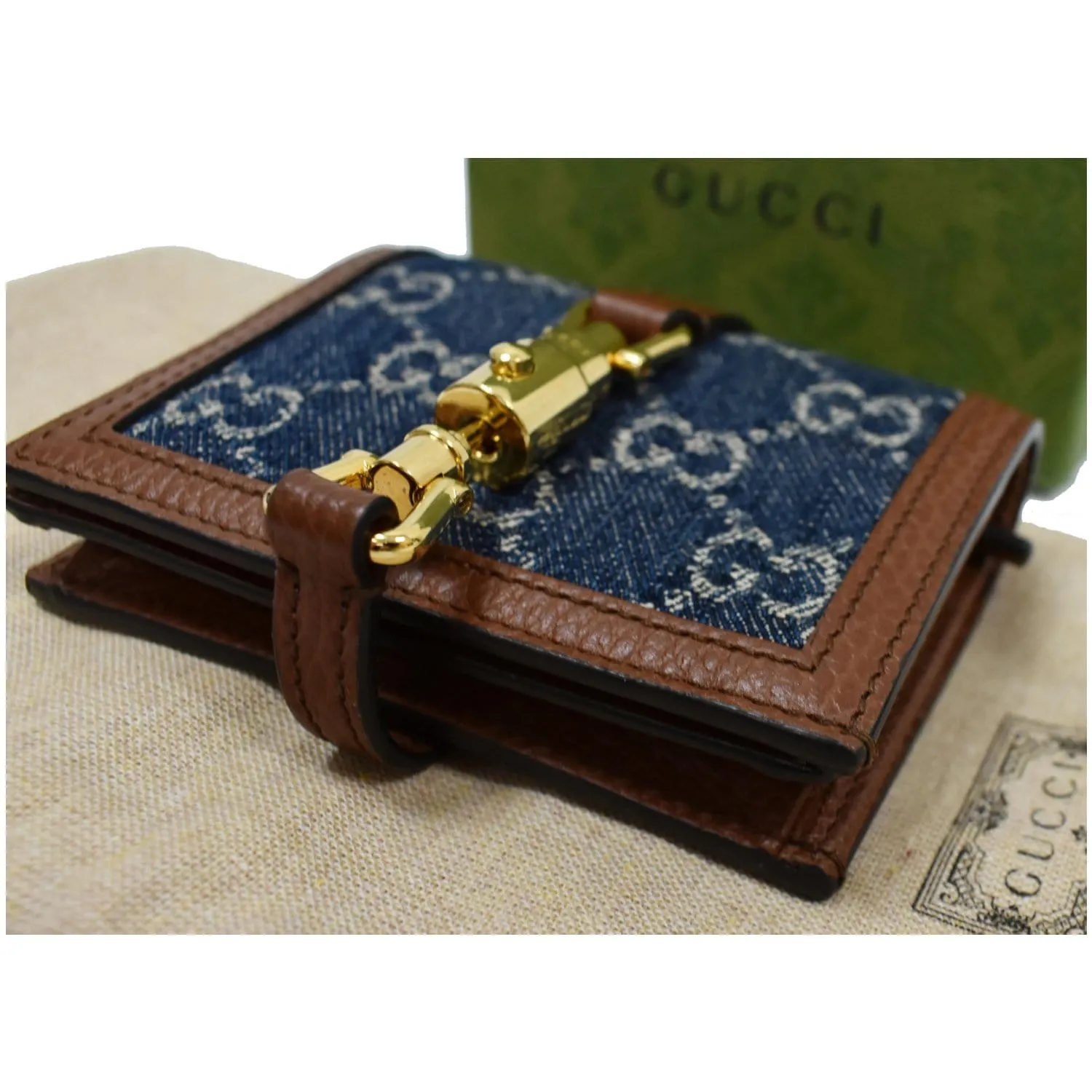 GUCCI Jackie 1961 GG Jacquard Denim Card Case Wallet Dark Blue