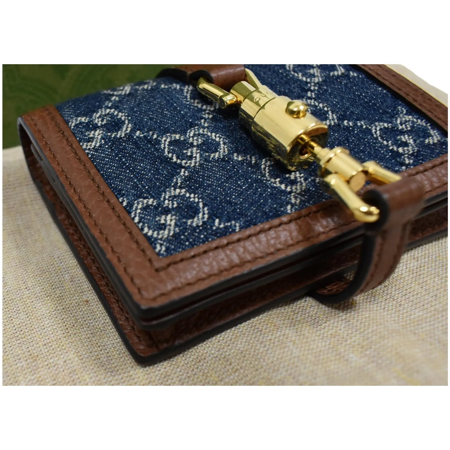 GUCCI Jackie 1961 GG Jacquard Denim Card Case Wallet Dark Blue