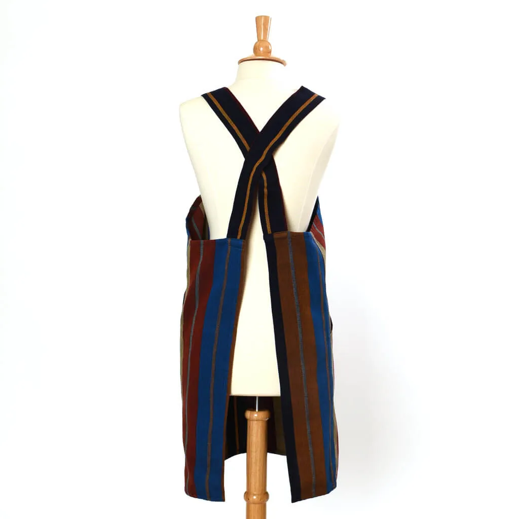 Hand Woven Crossback Apron | Wide Indigo Stripes