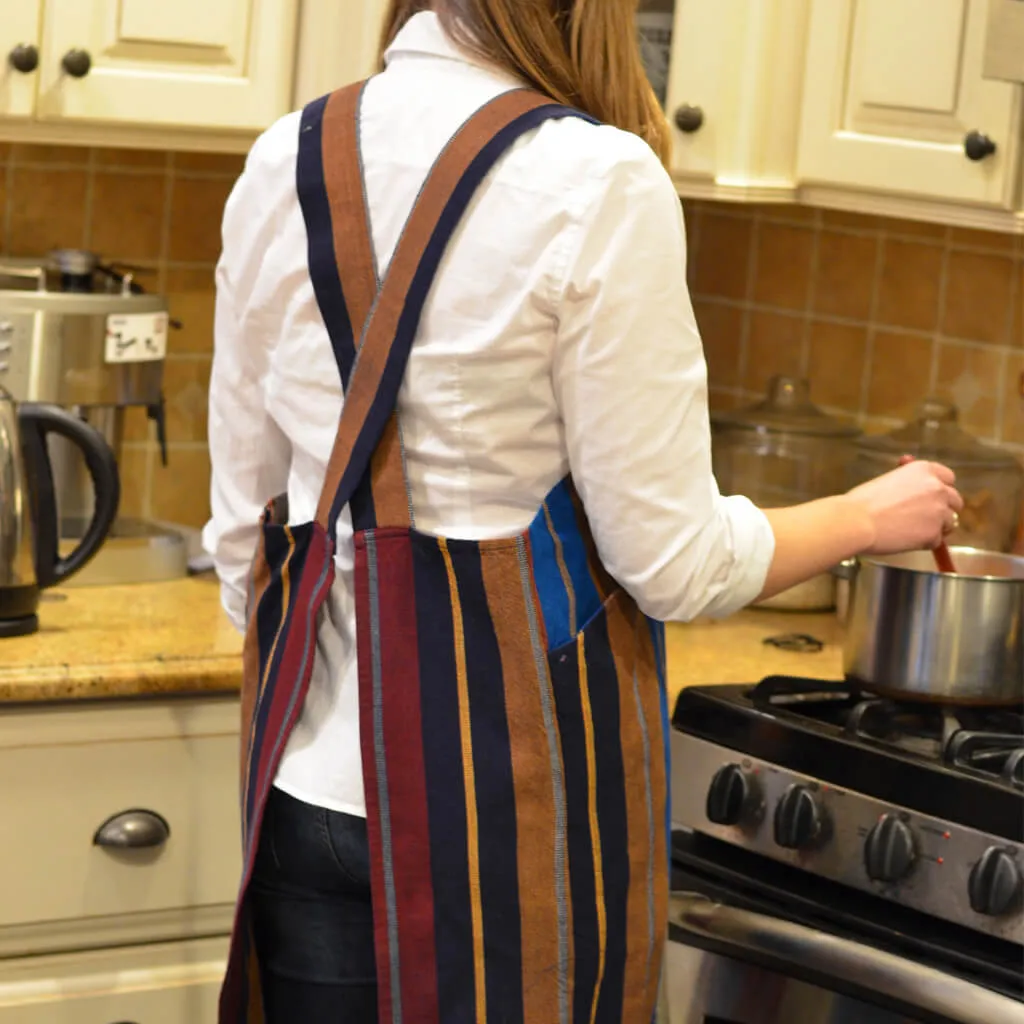 Hand Woven Crossback Apron | Wide Indigo Stripes