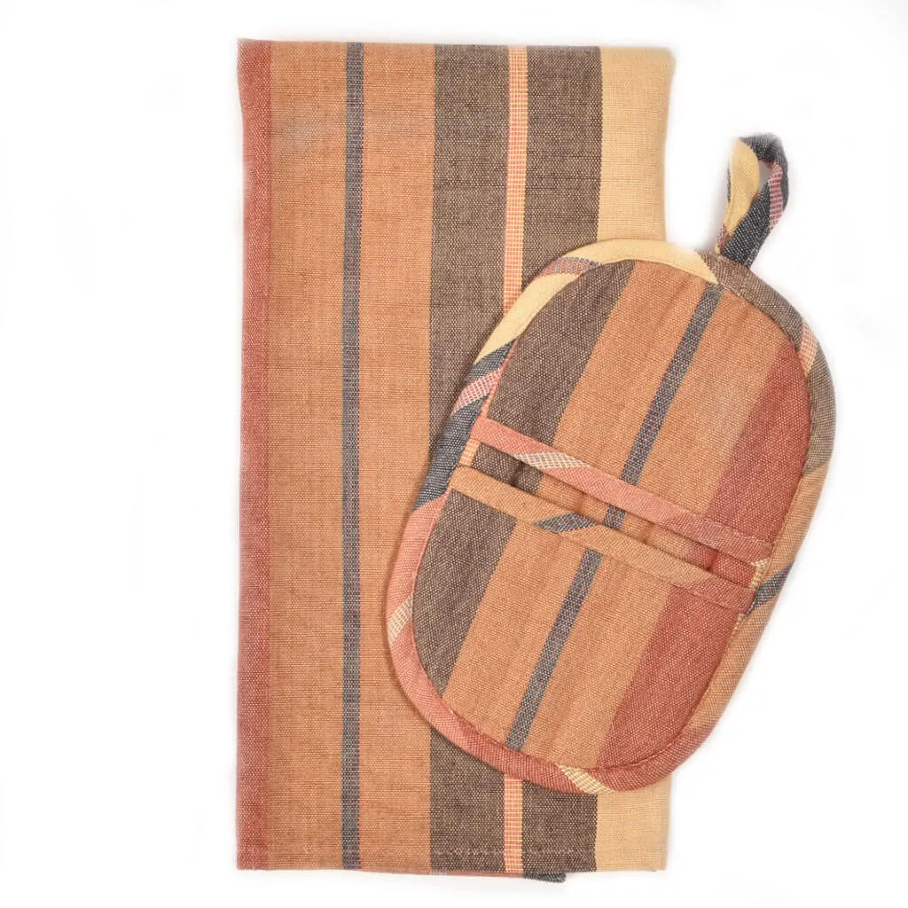 Hand Woven Dish Towel & Pot Holder Gift Set | Wide Caramel Stripes