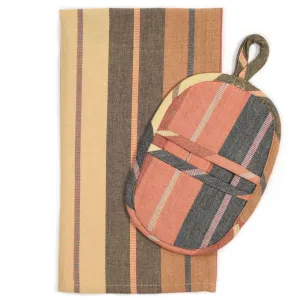 Hand Woven Dish Towel & Pot Holder Gift Set | Wide Caramel Stripes