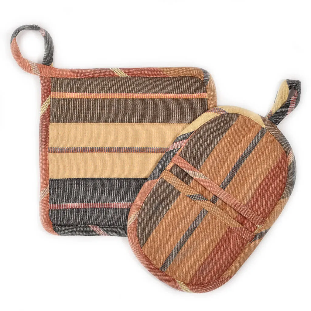 Hand woven Potholder Gift Set | Wide Caramel Stripes