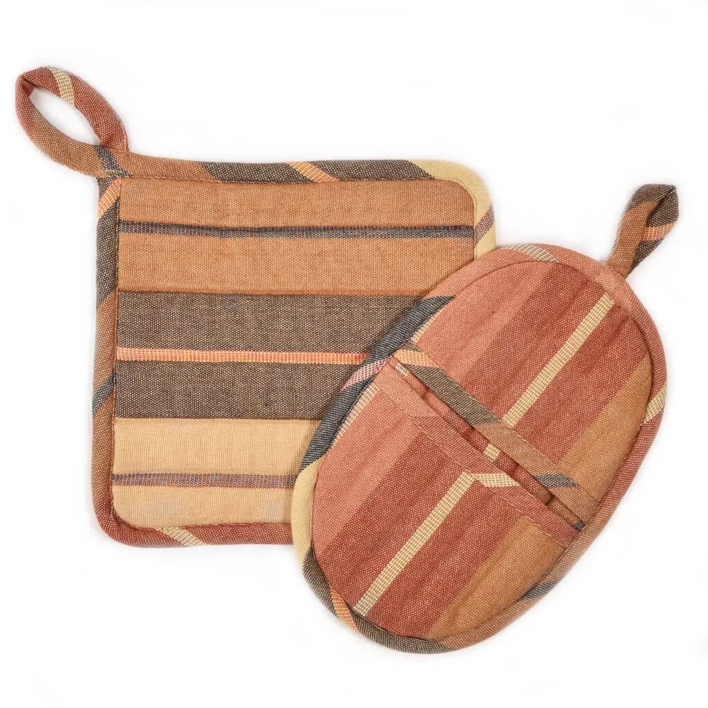 Hand woven Potholder Gift Set | Wide Caramel Stripes