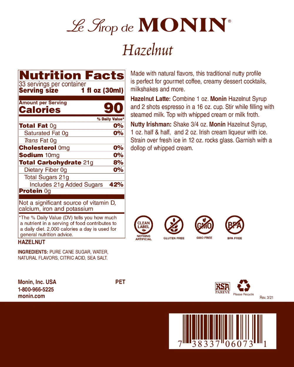 Hazelnut - Monin - Premium Syrups and Flavourings - 4 x 1 L per case